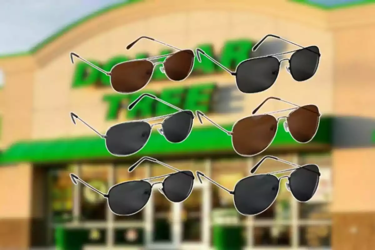 Seis pares de gafas de sol estilo aviador con lentes negras y marrones frente a una tienda Dollar Tree desenfocada Seis pares de gafas de sol estilo aviador con lentes negras y marrones frente a una tienda Dollar Tree desenfocada
