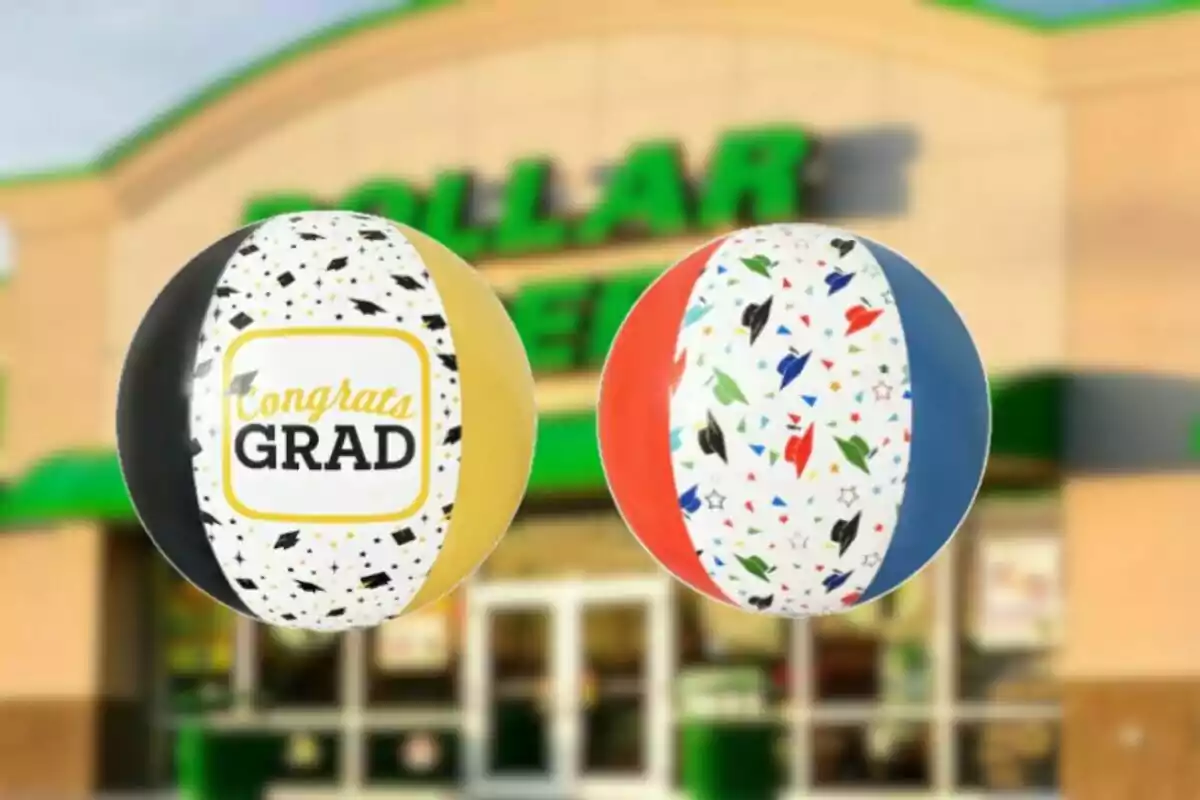 Dos pelotas de playa decoradas con motivos de graduación flotan frente a la entrada de una tienda Dollar Tree desenfocada Dos pelotas de playa decoradas con motivos de graduación flotan frente a la entrada de una tienda Dollar Tree desenfocada
