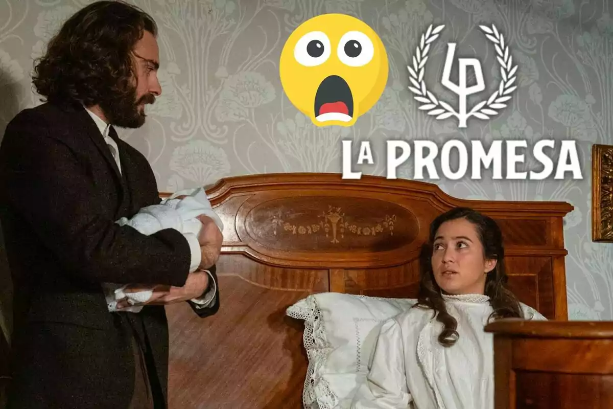 Un hombre con barba sostiene a un bebé envuelto en una manta mientras una mujer joven lo observa desde una cama, sobre ellos aparece un emoji sorprendido y el texto La Promesa
