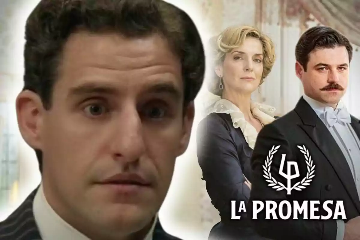 Tres personajes vestidos de época posan con expresiones serias junto al logo de la serie 'La Promesa', uno de ellos en primer plano que es el actor Enrique Fortún.