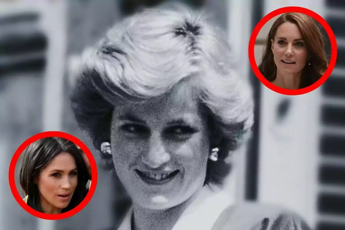 Montaje de fotos de primer plano de Lady Di, Meghan Markle y Kate Middleton.