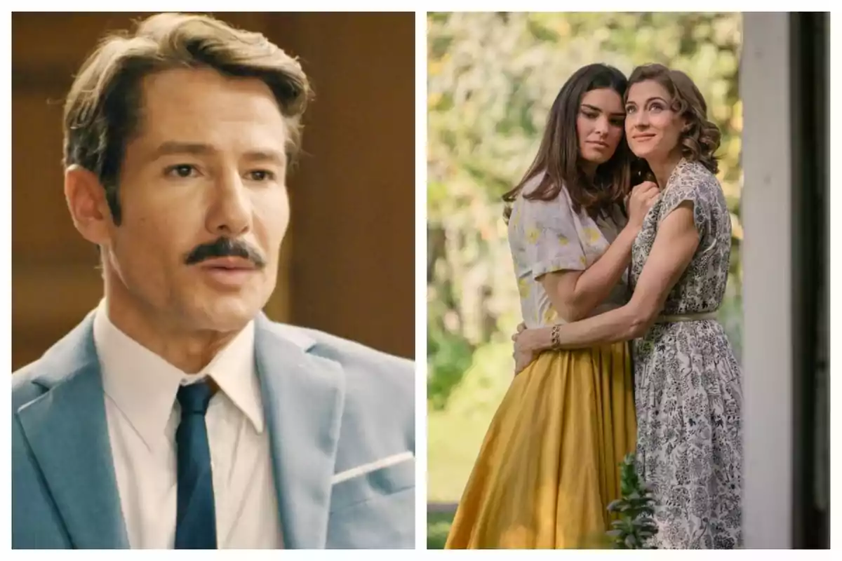 Montaje de fotos de un hombre con bigote y traje azul claro a la izquierda, que es el actor Alejandro Albarracín, y dos mujeres abrazadas en un jardín a la derecha, las cuales son Marta Belmonte y Alba Brunet. Montaje de fotos de un hombre con bigote y traje azul claro a la izquierda, que es el actor Alejandro Albarracín, y dos mujeres abrazadas en un jardín a la derecha, las cuales son Marta Belmonte y Alba Brunet.