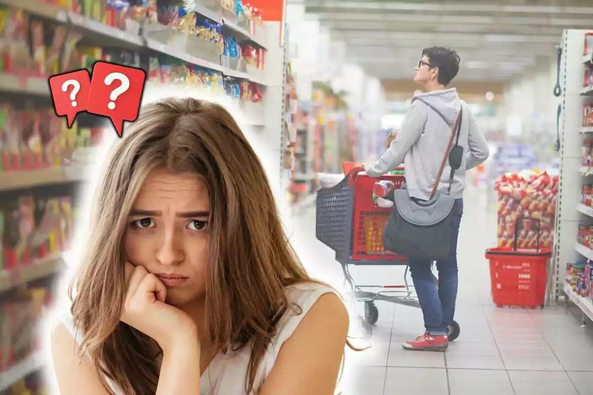 Una mujer con expresión de confusión y preocupación aparece en primer plano mientras al fondo una persona empuja un carrito en un supermercado lleno de productos. Una mujer con expresión de confusión y preocupación aparece en primer plano mientras al fondo una persona empuja un carrito en un supermercado lleno de productos.