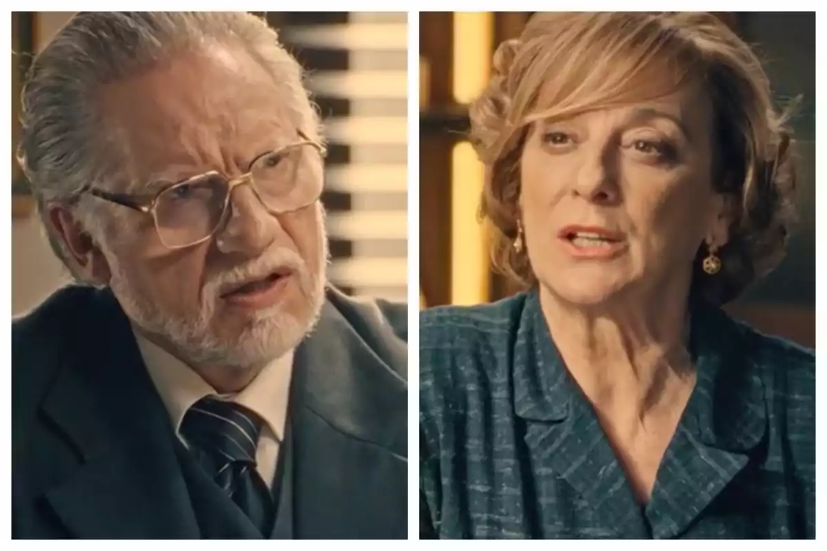 Dos personas mayores, un hombre con gafas y barba canosa y una mujer de cabello corto y rubio, que son Nacho Novo y Ana Labordeta, ambos vestidos de manera formal y conversando en un ambiente interior.