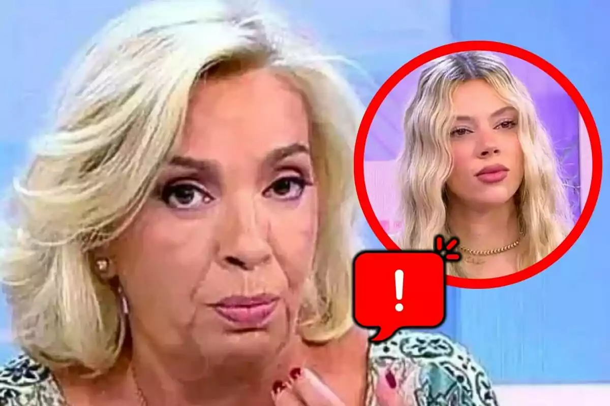 Carmen Borrego con expresión seria en primer plano y otra mujer rubia, que es Alejandra Rubio, en un círculo rojo en la esquina superior derecha junto a un ícono de advertencia.