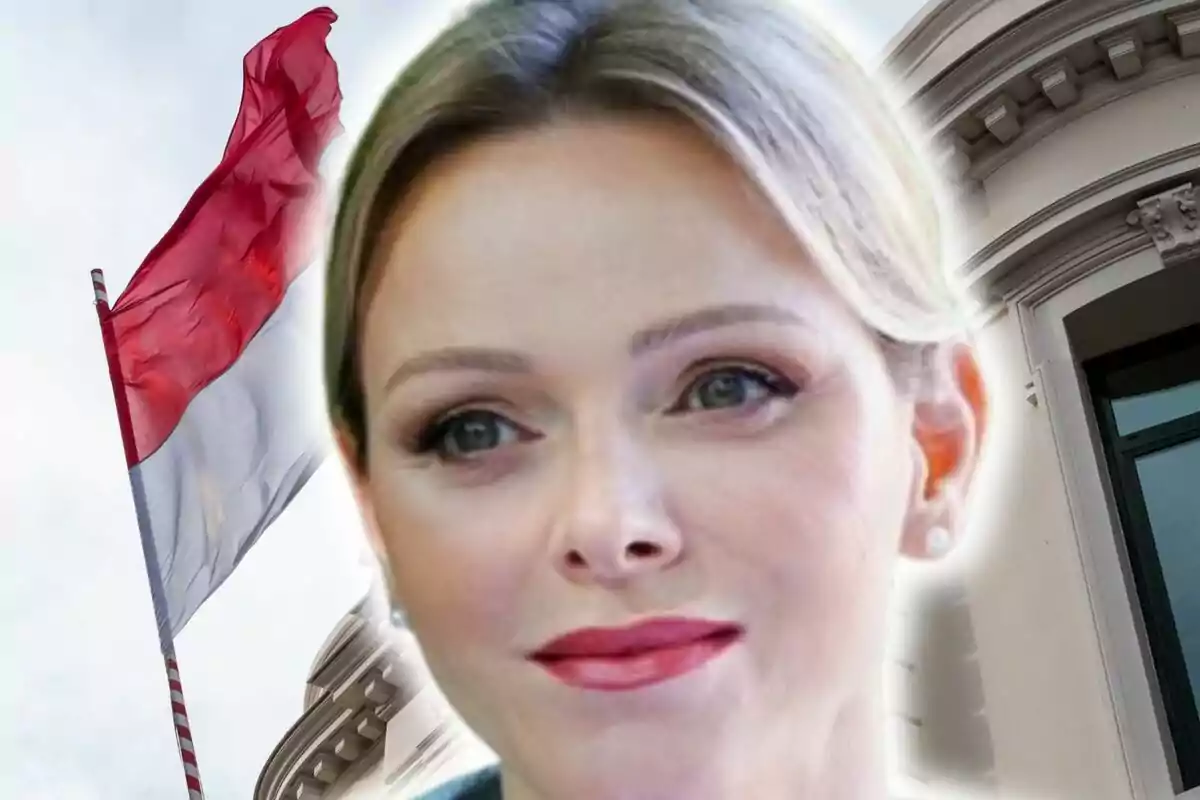 Montaje de fotos de primer plano de Charlene de Mónaco con rostro neutro y, de fondo, una bandera de Mónaco.
