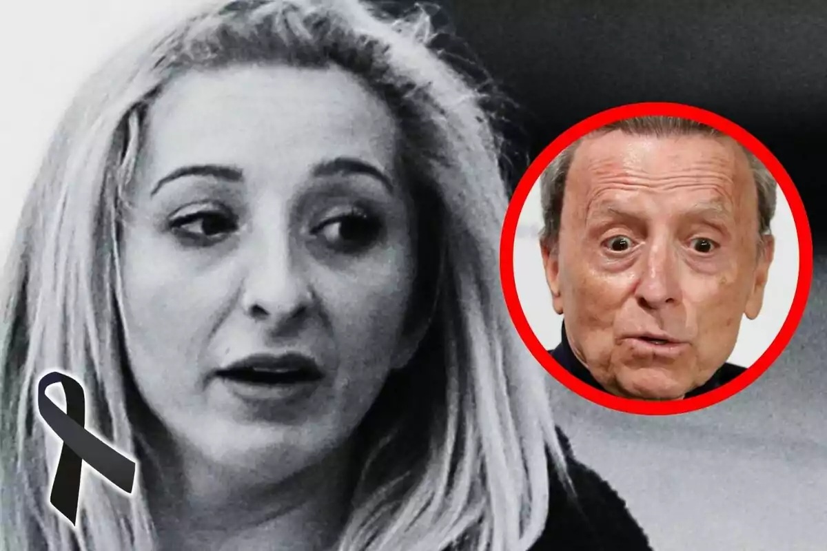 Montaje de fotos de primer plano de Michu con rostro serio y José Ortega Cano también con rostro serio.