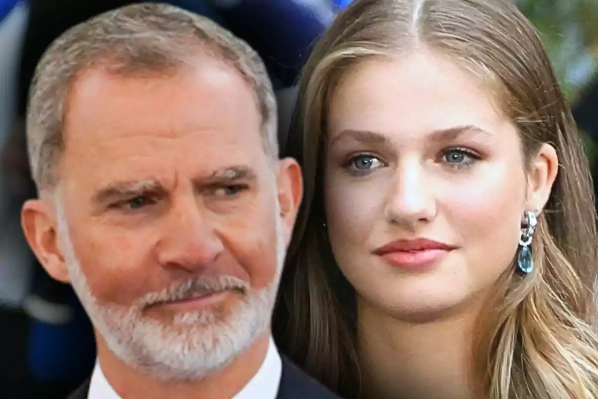 Montaje de fotos de primer plano del rey Felipe VI y Leonor de Borbón mirando en direcciones opuestas.