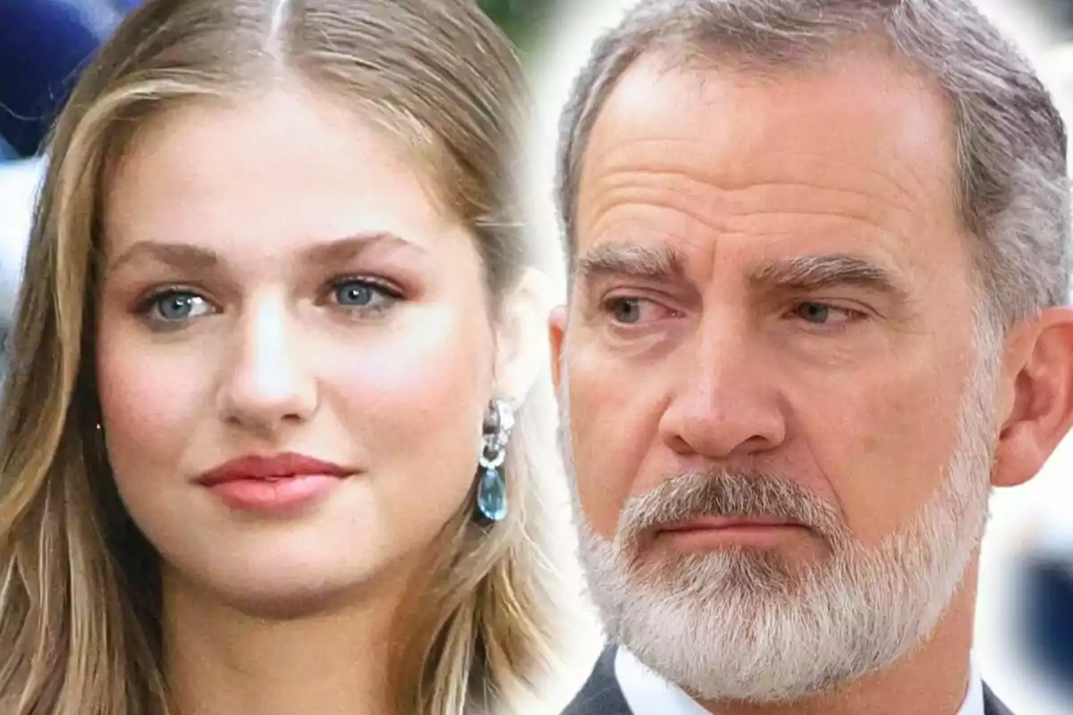 Montaje de fotos de primer plano del rey Felipe y la princesa Leonor, ambos con rostro serio.