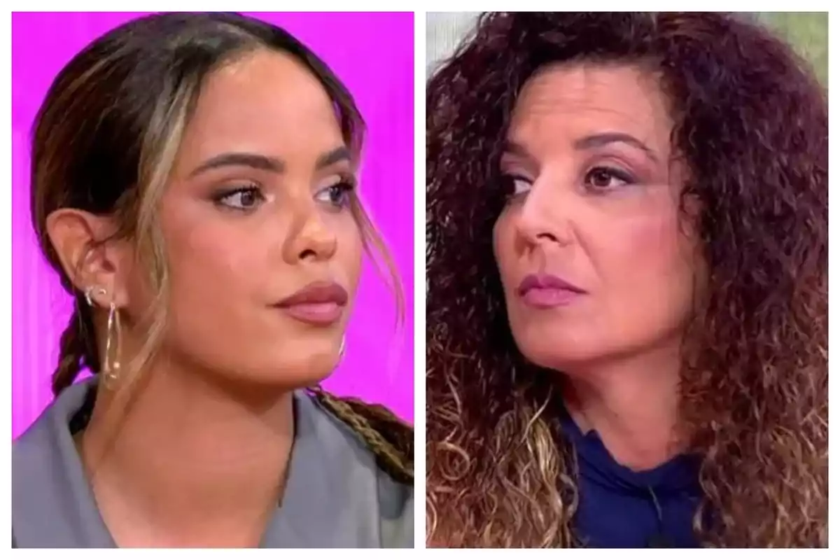 Dos mujeres mirando hacia el lado opuesto en un montaje de dos fotos, una con fondo rosa, que es Gloria Camila Ortega, y la otra con fondo claro, que es Tamara, la hermana de Michu. Dos mujeres mirando hacia el lado opuesto en un montaje de dos fotos, una con fondo rosa, que es Gloria Camila Ortega, y la otra con fondo claro, que es Tamara, la hermana de Michu.