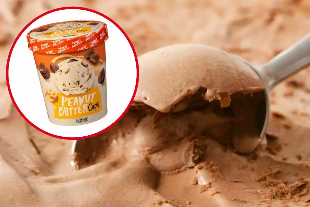 Helado de crema de cacahuete con trozos de chocolate y envase de Peanut Butter Cups de Hacendado destacado en un círculo rojo Helado de crema de cacahuete con trozos de chocolate y envase de Peanut Butter Cups de Hacendado destacado en un círculo rojo
