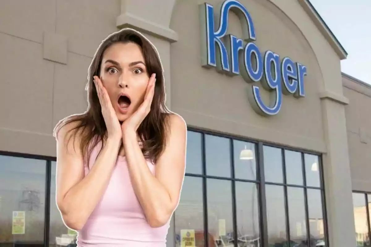 Mujer con expresión de sorpresa frente a una tienda Kroger