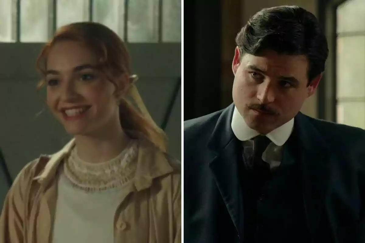 Enora y Manuel en escenas separadas de una serie de época, una mujer sonriente con el cabello recogido y un hombre con bigote y expresión seria, ambos vestidos con ropa antigua. Enora y Manuel en escenas separadas de una serie de época, una mujer sonriente con el cabello recogido y un hombre con bigote y expresión seria, ambos vestidos con ropa antigua.