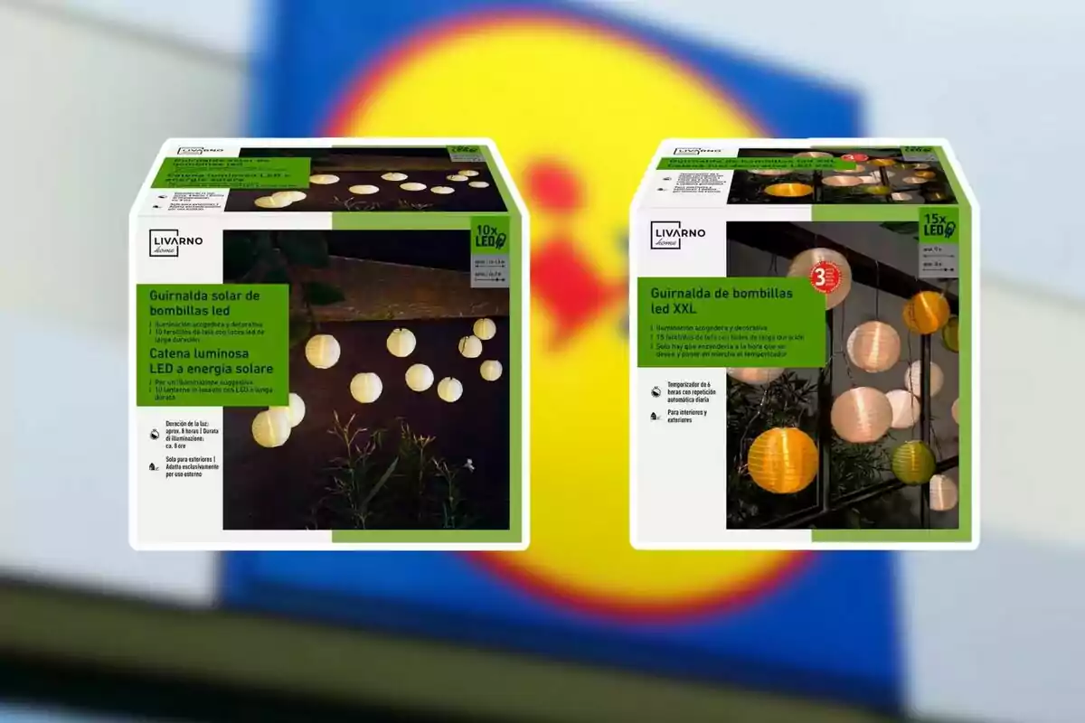 Dos cajas de guirnaldas de bombillas LED de la marca Livarno Home con fondo desenfocado del logo de Lidl Dos cajas de guirnaldas de bombillas LED de la marca Livarno Home con fondo desenfocado del logo de Lidl