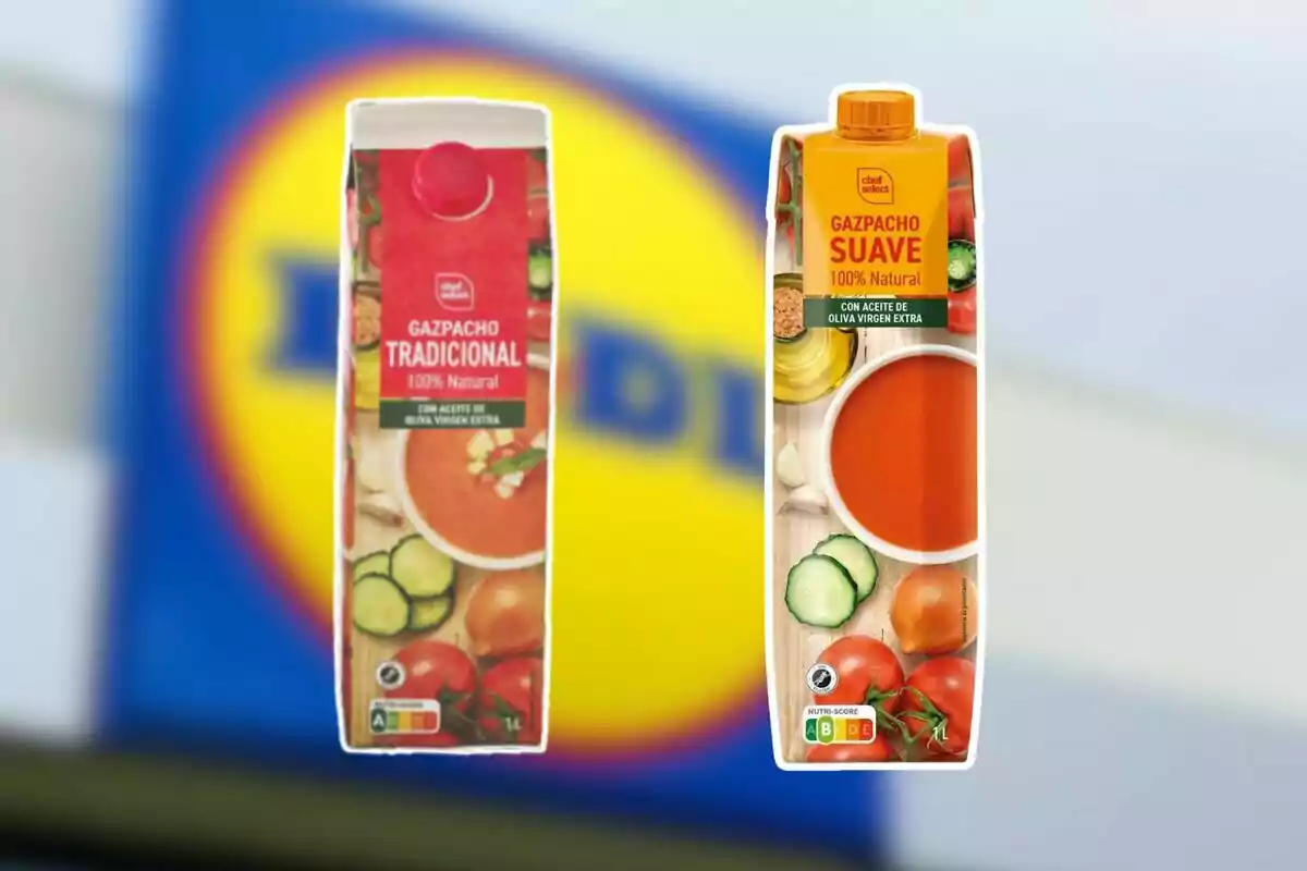Dos envases de gazpacho de la marca Chef Select, uno tradicional y otro suave, con fondo desenfocado del logo de Lidl. Dos envases de gazpacho de la marca Chef Select, uno tradicional y otro suave, con fondo desenfocado del logo de Lidl.