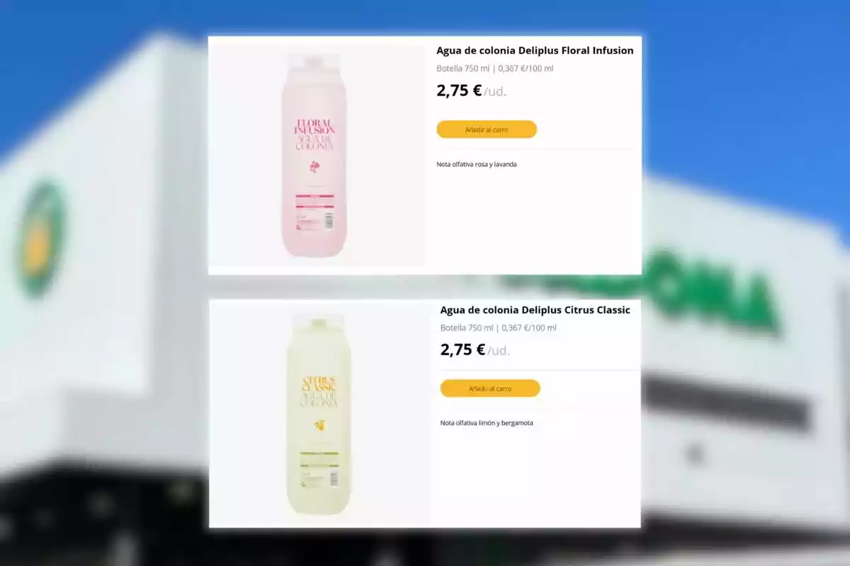 Dos productos de agua de colonia Deliplus en presentación de 750 ml, uno con aroma floral y otro cítrico, ambos con precio de 2,75 euros cada uno Dos productos de agua de colonia Deliplus en presentación de 750 ml, uno con aroma floral y otro cítrico, ambos con precio de 2,75 euros cada uno