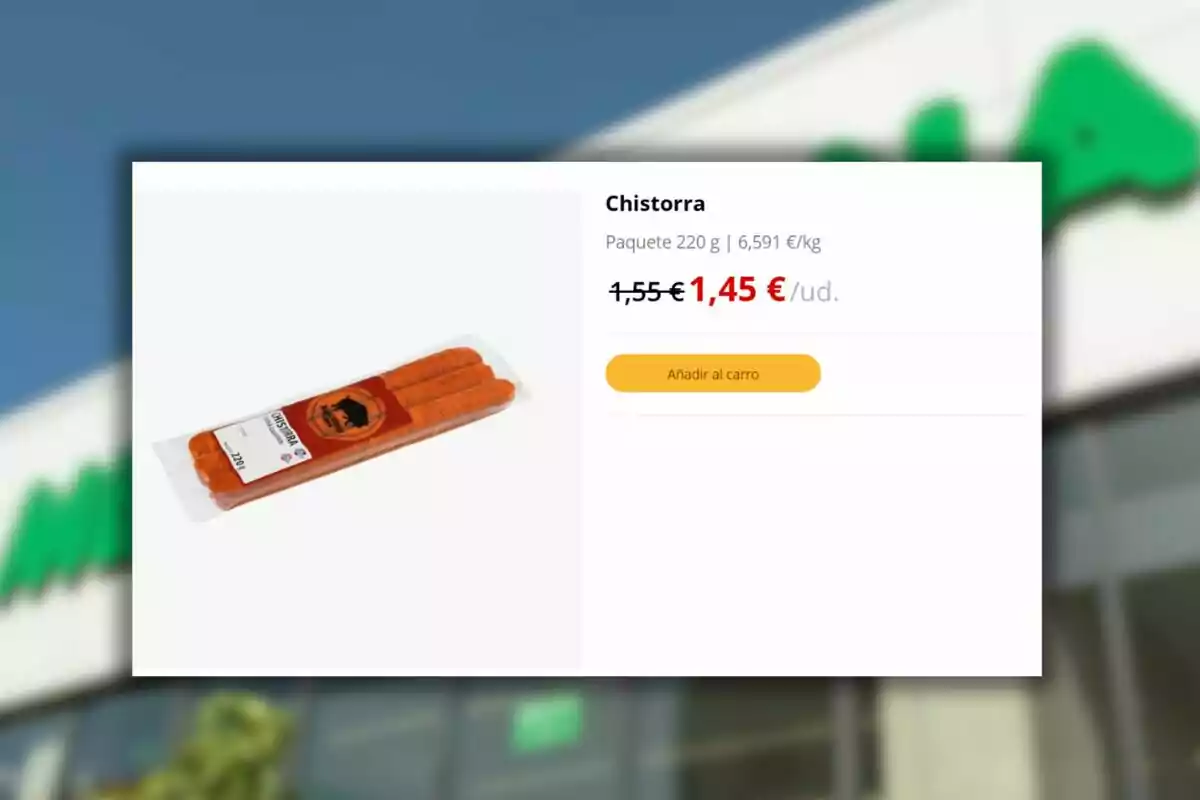 Oferta de chistorra en paquete de 220 gramos con precio rebajado a 1,45 euros y botón para añadir al carrito en una tienda online Oferta de chistorra en paquete de 220 gramos con precio rebajado a 1,45 euros y botón para añadir al carrito en una tienda online