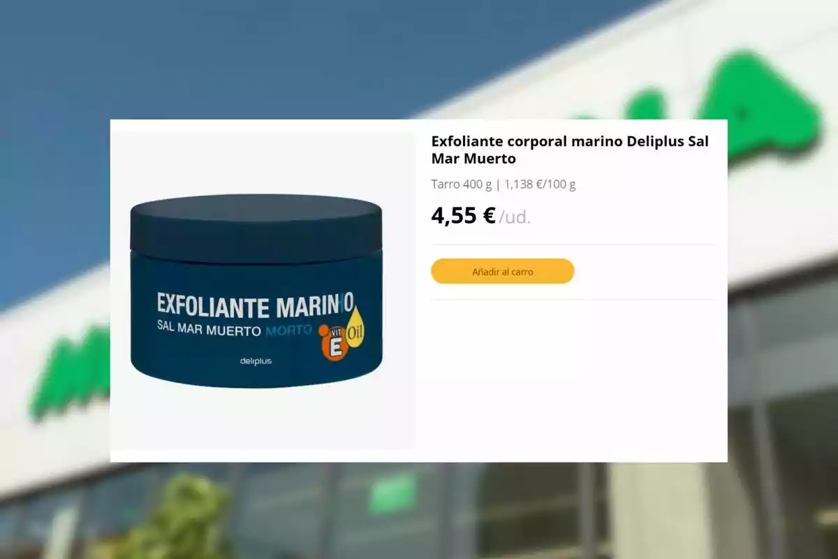 Envase azul de exfoliante corporal marino Deliplus Sal Mar Muerto con precio de 4,55 euros y opción de añadir al carrito en una tienda online Envase azul de exfoliante corporal marino Deliplus Sal Mar Muerto con precio de 4,55 euros y opción de añadir al carrito en una tienda online