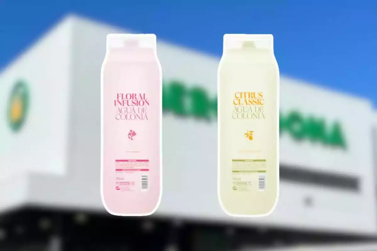 Dos botellas de agua de colonia de diferentes fragancias frente a un edificio desenfocado con logotipo verde Dos botellas de agua de colonia de diferentes fragancias frente a un edificio desenfocado con logotipo verde