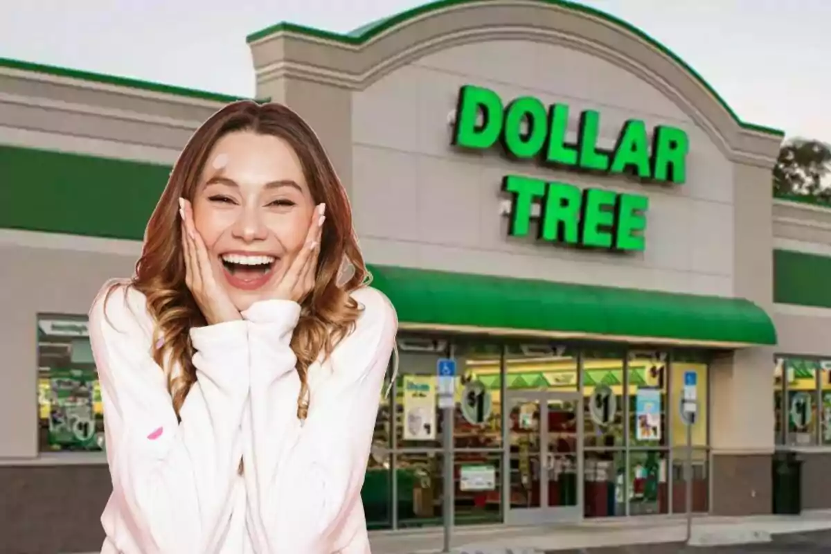 Mujer joven sonriendo emocionada frente a una tienda Dollar Tree