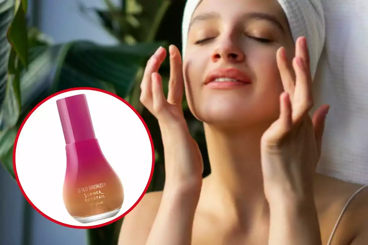 Mujer aplicándose crema facial con una toalla en la cabeza y un frasco de bronzer en primer plano dentro de un círculo rojo Mujer aplicándose crema facial con una toalla en la cabeza y un frasco de bronzer en primer plano dentro de un círculo rojo
