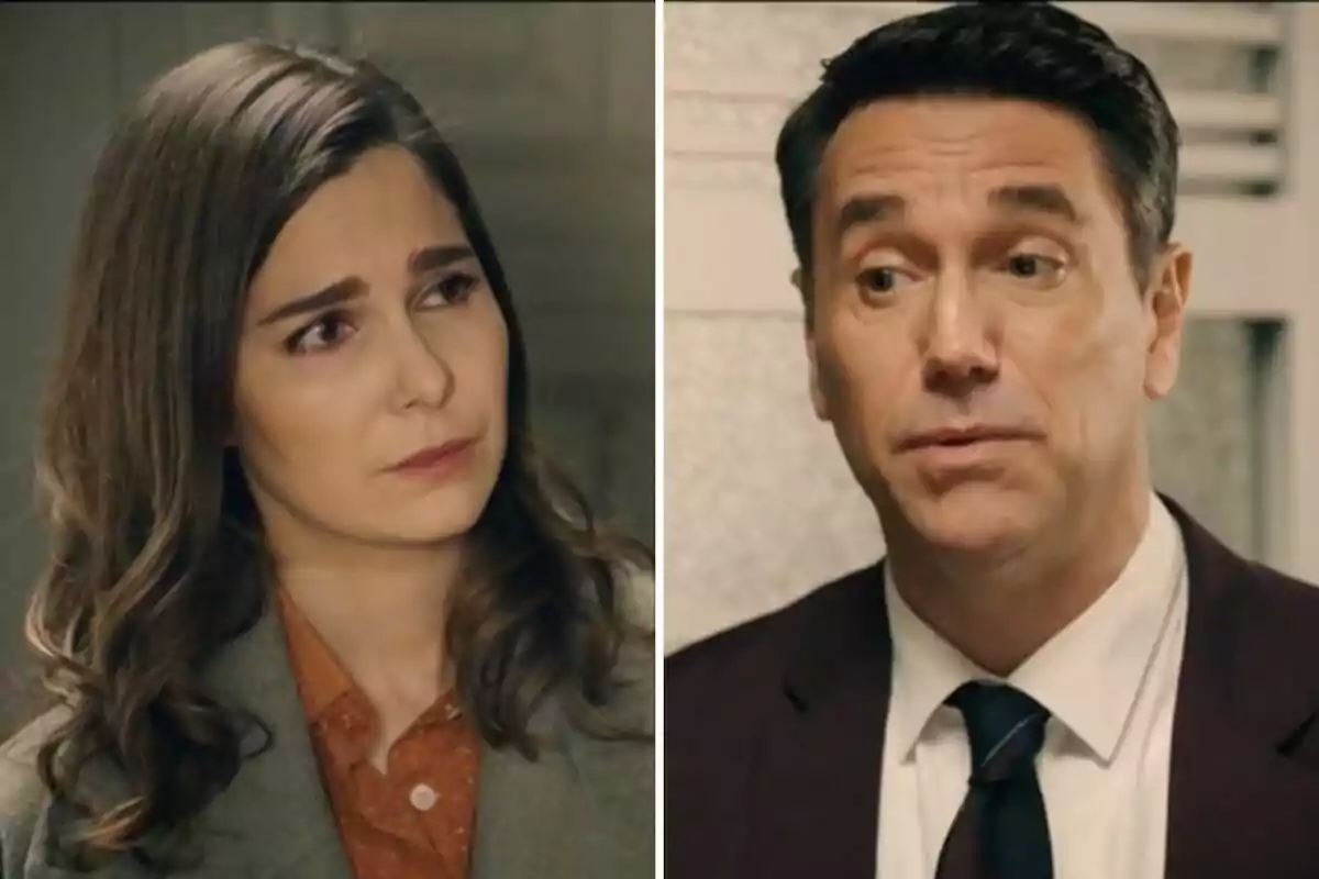 Begoña y Gabriel, una mujer de cabello castaño y un hombre de cabello oscuro, aparecen en una conversación seria en un entorno interior. Begoña y Gabriel, una mujer de cabello castaño y un hombre de cabello oscuro, aparecen en una conversación seria en un entorno interior.
