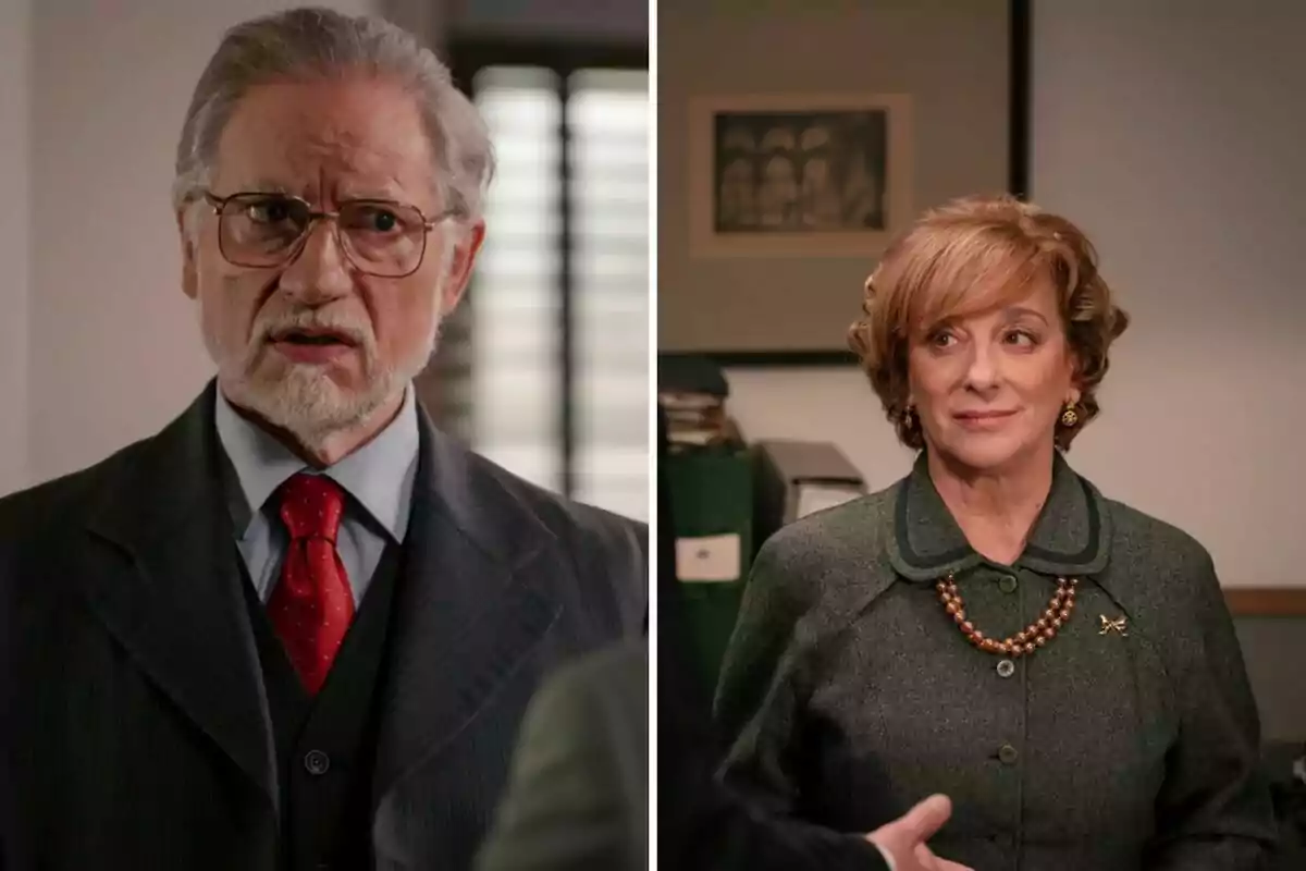 Damián con barba y gafas viste traje oscuro y corbata roja mientras Irene con cabello corto y rubio lleva un conjunto verde y collar de perlas ambos en interiores y con expresiones serias Damián con barba y gafas viste traje oscuro y corbata roja mientras Irene con cabello corto y rubio lleva un conjunto verde y collar de perlas ambos en interiores y con expresiones serias