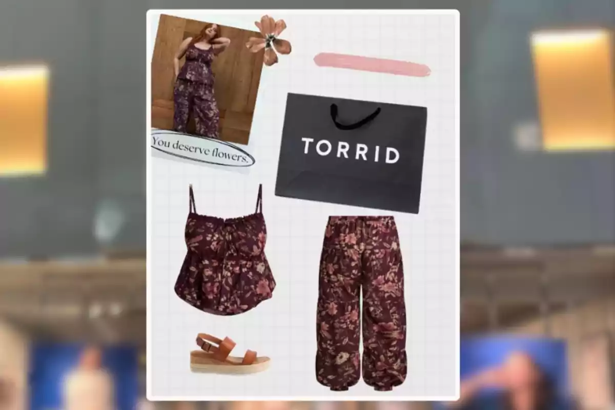 Collage de moda con un conjunto floral de tirantes y pantalón ancho en tonos vino, sandalias marrones, una bolsa de compras negra con la palabra Torrid y una foto de una mujer usando el conjunto junto a la frase You deserve flowers. Collage de moda con un conjunto floral de tirantes y pantalón ancho en tonos vino, sandalias marrones, una bolsa de compras negra con la palabra Torrid y una foto de una mujer usando el conjunto junto a la frase You deserve flowers.