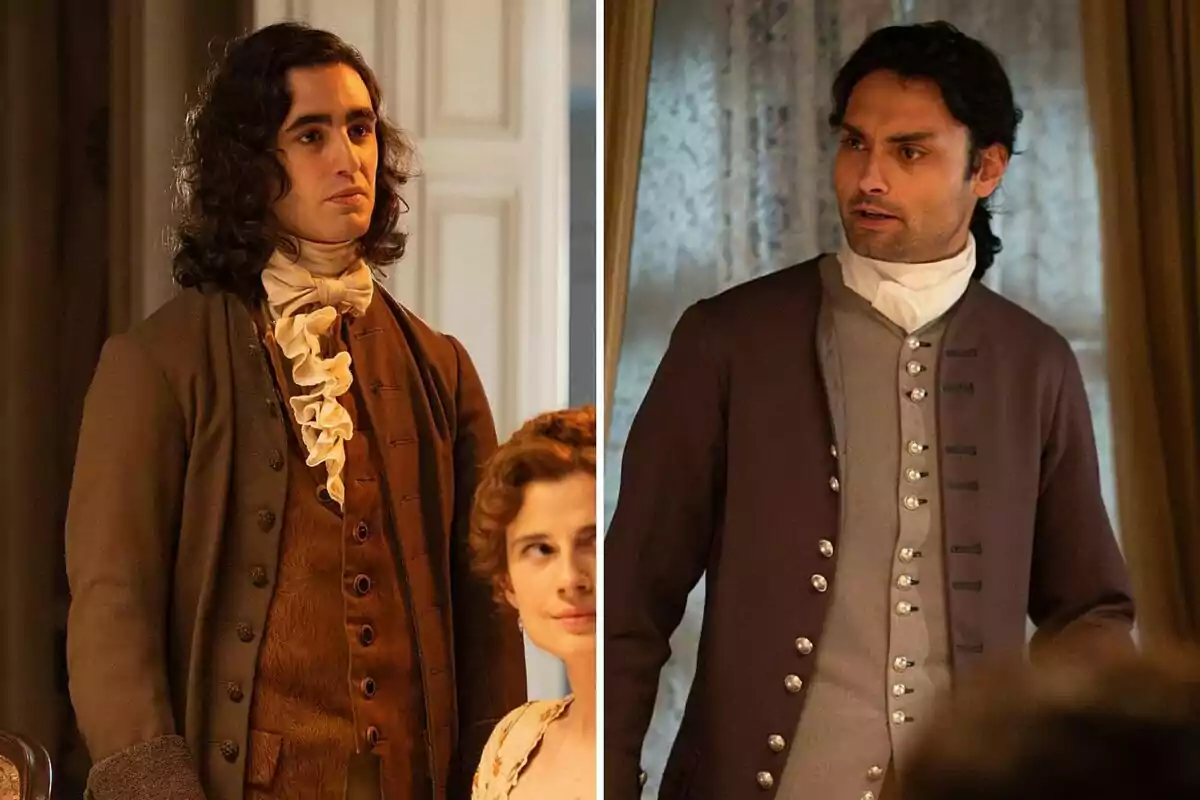Alejo y Rafael vestidos con ropa de época del siglo XVIII están en una habitación elegante, uno de ellos lleva una chaqueta marrón y una camisa con volantes, mientras que el otro viste un abrigo marrón oscuro con botones plateados y una camisa blanca Alejo y Rafael vestidos con ropa de época del siglo XVIII están en una habitación elegante, uno de ellos lleva una chaqueta marrón y una camisa con volantes, mientras que el otro viste un abrigo marrón oscuro con botones plateados y una camisa blanca