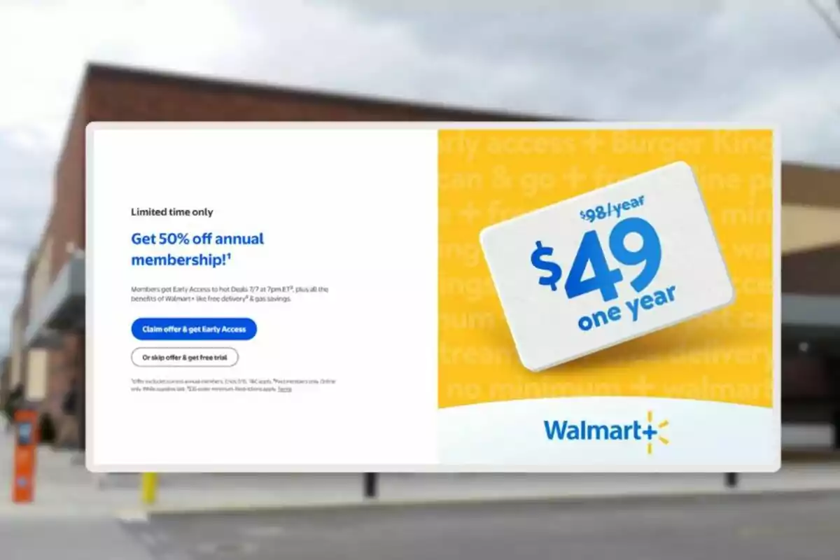 Promoción de Walmart Plus ofreciendo la membresía anual a mitad de precio por 49 dólares en lugar de 98 dólares, destacando acceso anticipado a ofertas y beneficios adicionales Promoción de Walmart Plus ofreciendo la membresía anual a mitad de precio por 49 dólares en lugar de 98 dólares, destacando acceso anticipado a ofertas y beneficios adicionales