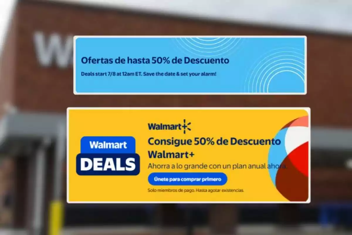 Banners promocionales de Walmart anunciando descuentos de hasta 50 por ciento en ofertas y planes anuales de Walmart Plus Banners promocionales de Walmart anunciando descuentos de hasta 50 por ciento en ofertas y planes anuales de Walmart Plus