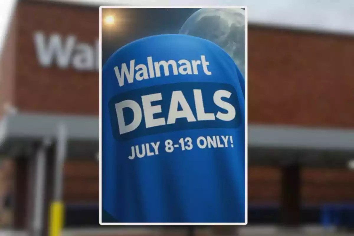 Promoción de ofertas de Walmart del 8 al 13 de julio destacada en un cartel azul frente a la tienda Promoción de ofertas de Walmart del 8 al 13 de julio destacada en un cartel azul frente a la tienda