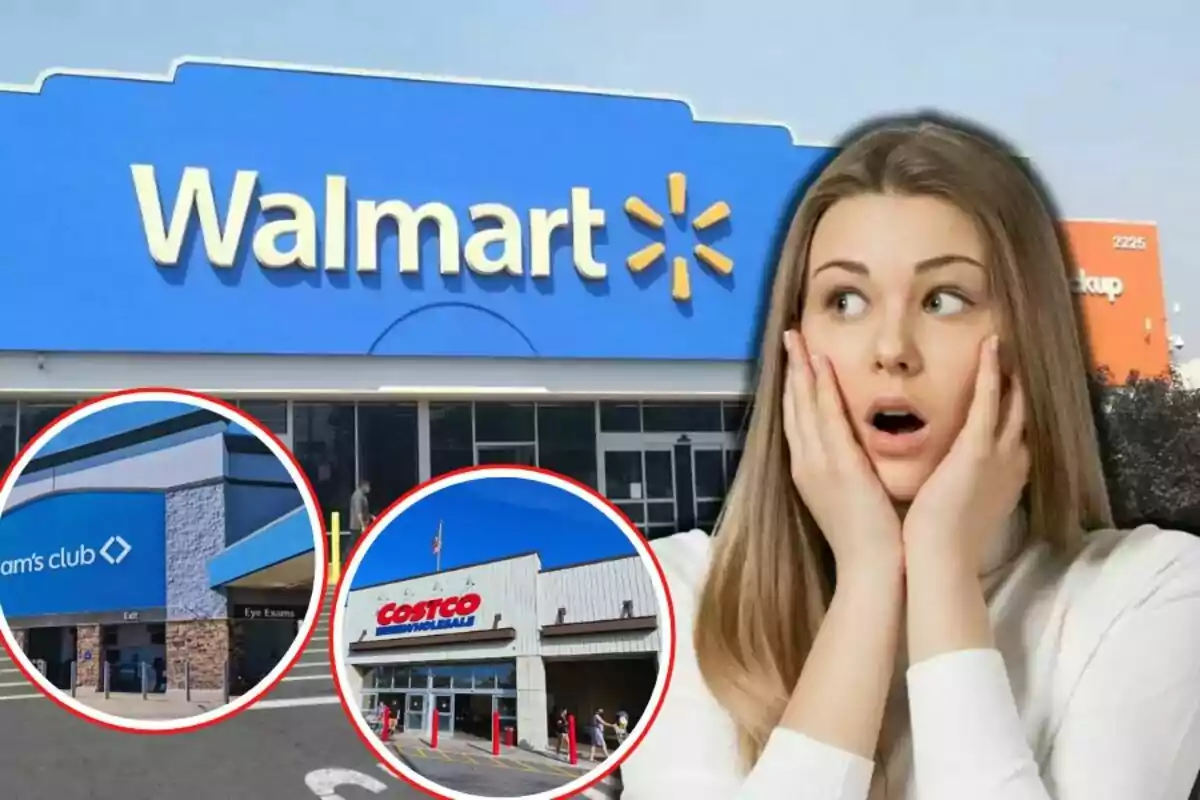 Una mujer con expresión de sorpresa aparece frente a la fachada de Walmart, con imágenes circulares de Sam’s Club y Costco en la parte inferior.