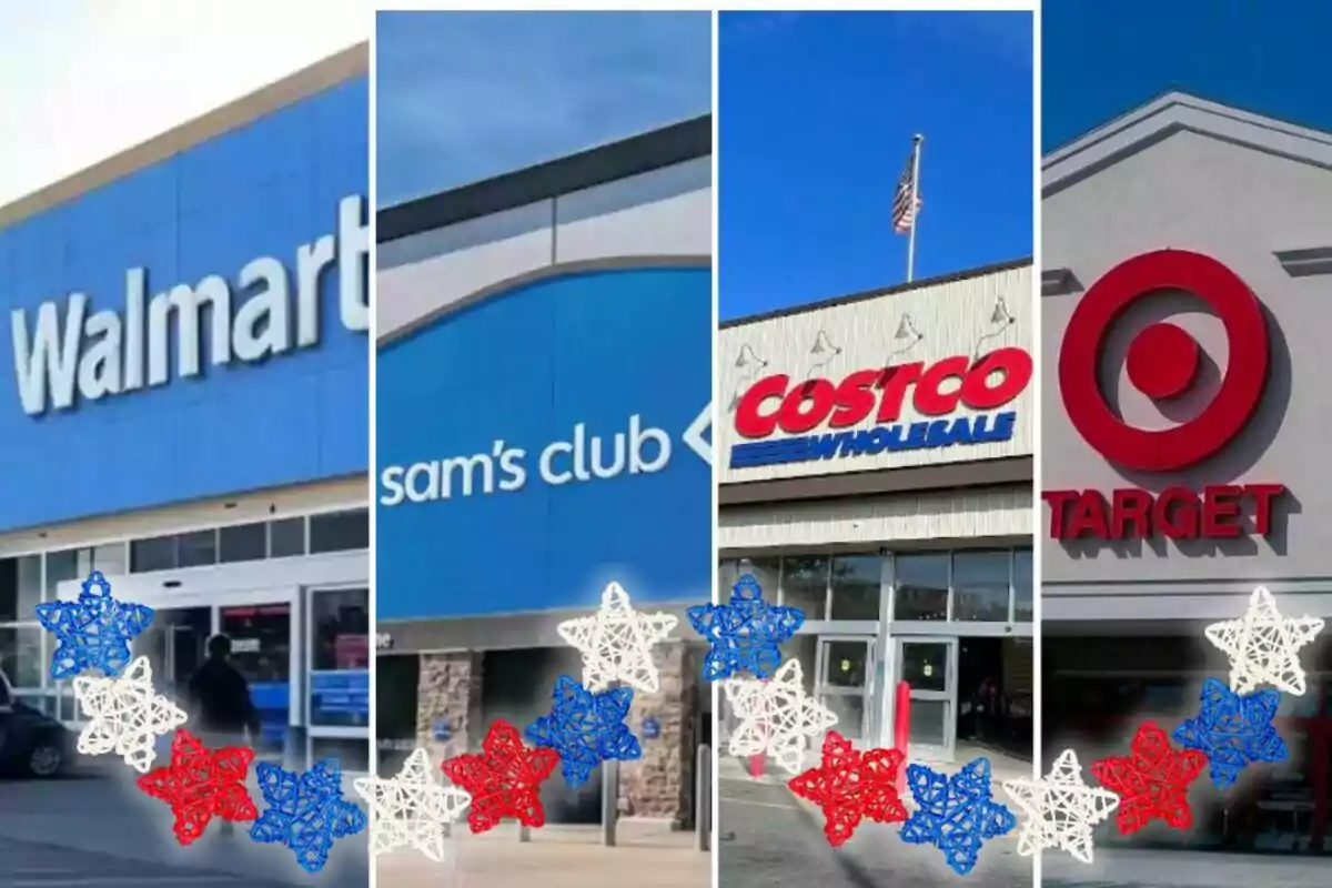 Fachadas de las tiendas Walmart, Sam's Club, Costco y Target decoradas con estrellas rojas, blancas y azules Fachadas de las tiendas Walmart, Sam's Club, Costco y Target decoradas con estrellas rojas, blancas y azules