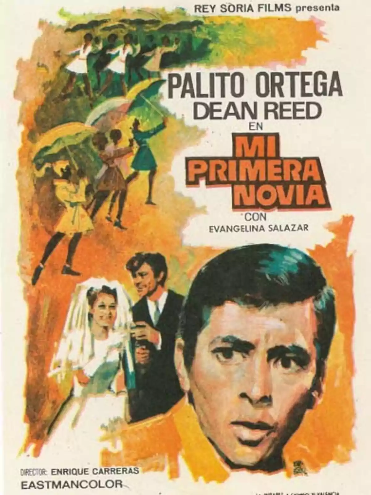 Cartel de la película Mi Primera Novia con ilustraciones de una pareja de novios, un grupo de personas bailando con paraguas y el rostro de un hombre en primer plano