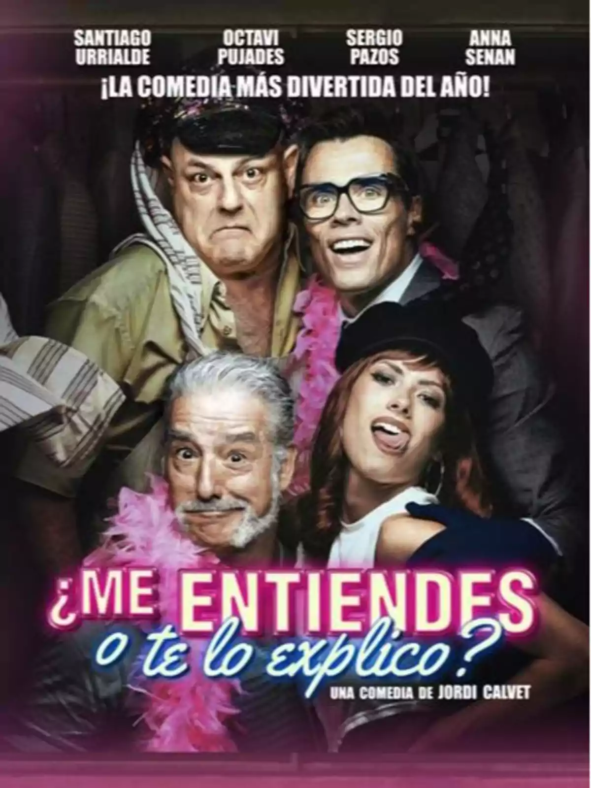Cartel de una comedia teatral con cuatro personas posando de manera divertida y el título ¿Me entiendes o te lo explico? en letras llamativas Cartel de una comedia teatral con cuatro personas posando de manera divertida y el título ¿Me entiendes o te lo explico? en letras llamativas
