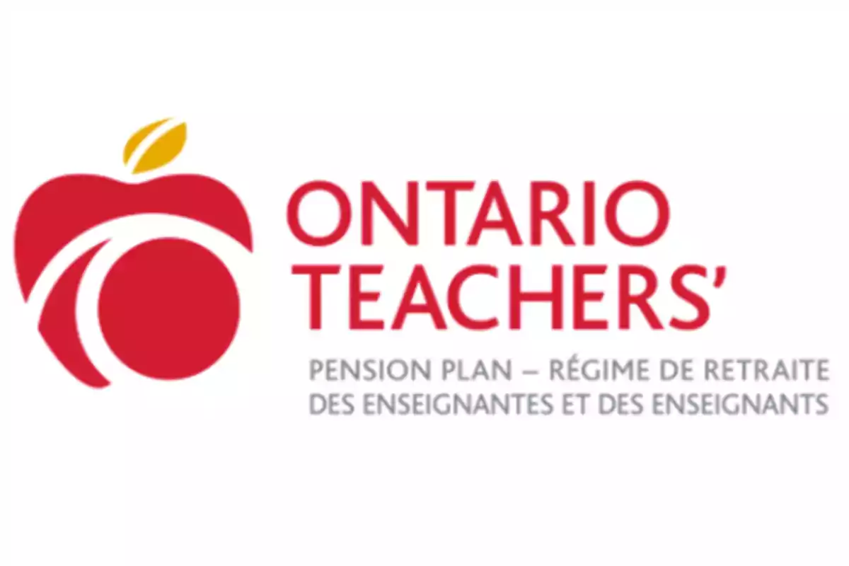 Logo del Ontario Teachers' Pension Plan con una manzana roja estilizada y texto en inglés y francés Logo del Ontario Teachers' Pension Plan con una manzana roja estilizada y texto en inglés y francés