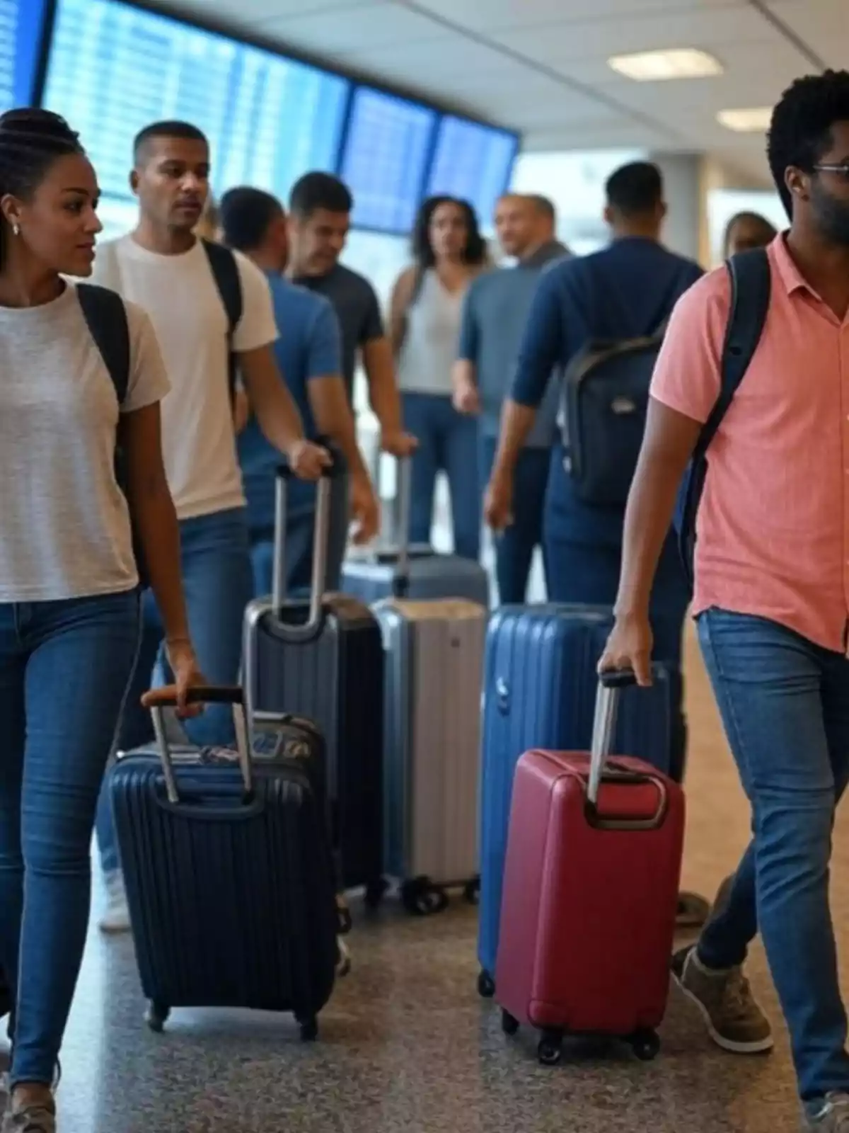 Personas caminando en un aeropuerto con maletas y pantallas de información de vuelos al fondo Personas caminando en un aeropuerto con maletas y pantallas de información de vuelos al fondo