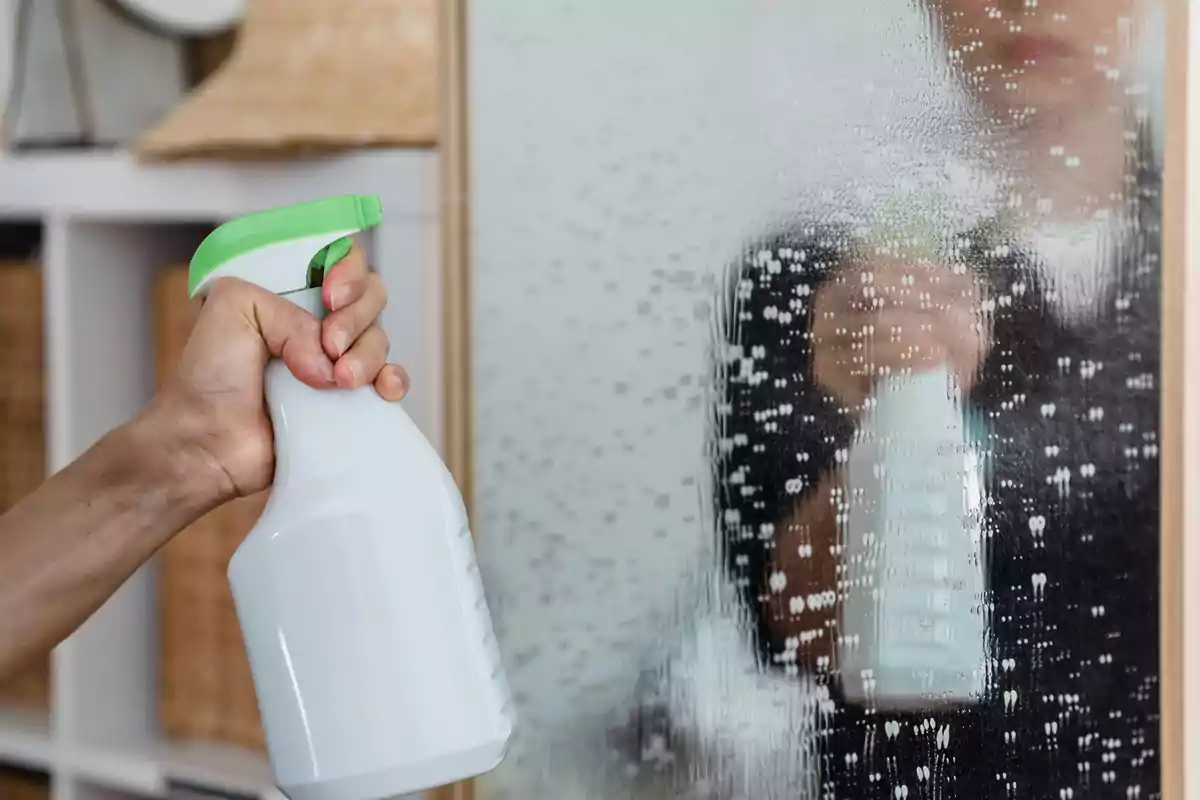 Persona usando un rociador para limpiar un espejo con gotas de limpiador visibles en la superficie