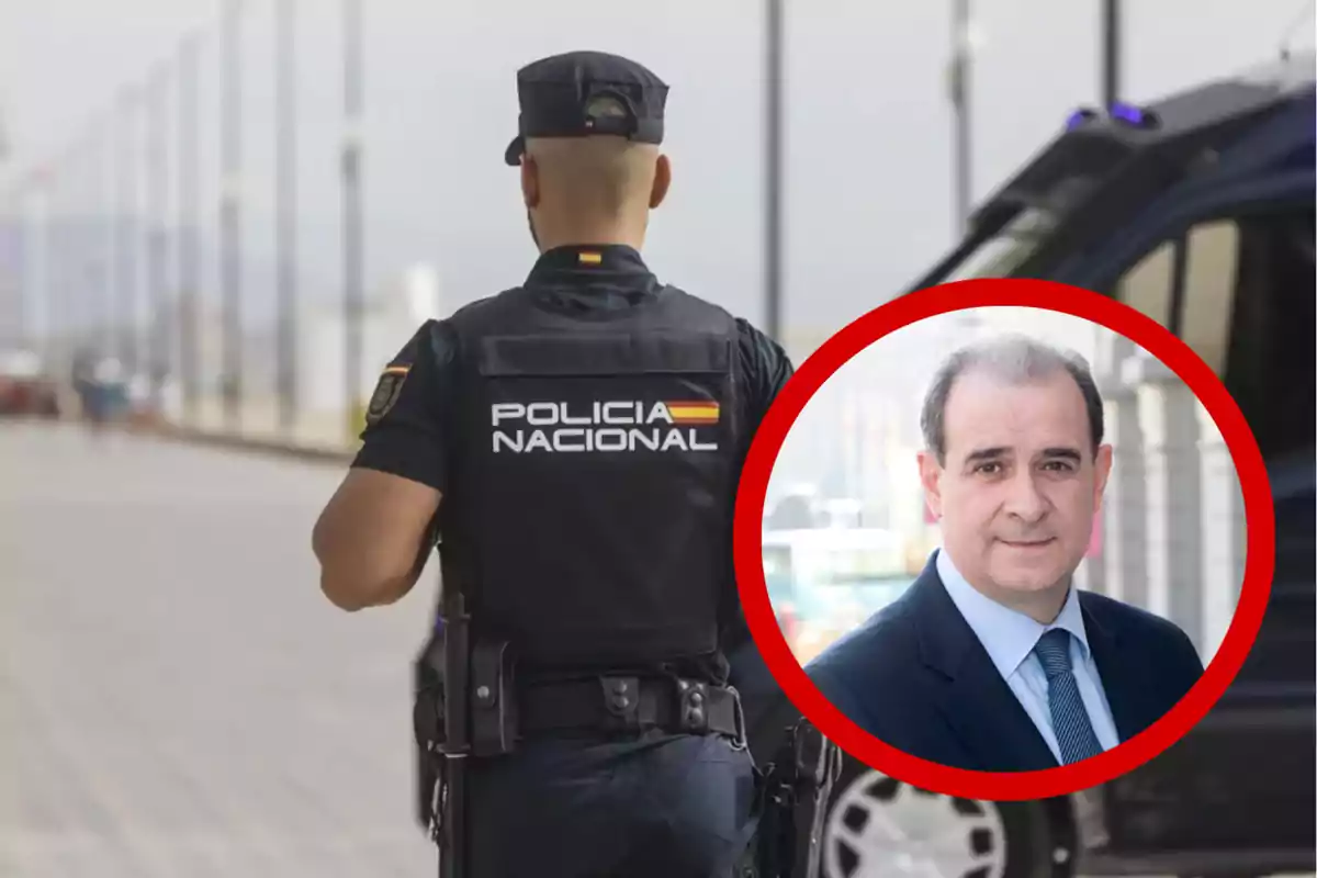 Un agente de la Policía Nacional de espaldas en la calle y la imagen de un hombre de traje dentro de un círculo rojo en la esquina inferior derecha.