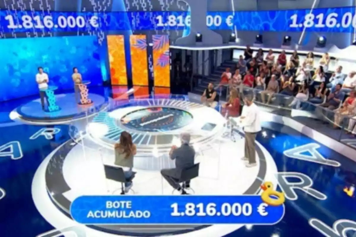 'Pasapalabra', el concurso televisivo con dos concursantes de pie, un presentador, dos personas sentadas y público al fondo, con un premio acumulado de un millón ochocientos dieciséis mil euros mostrado en pantalla. 'Pasapalabra', el concurso televisivo con dos concursantes de pie, un presentador, dos personas sentadas y público al fondo, con un premio acumulado de un millón ochocientos dieciséis mil euros mostrado en pantalla.