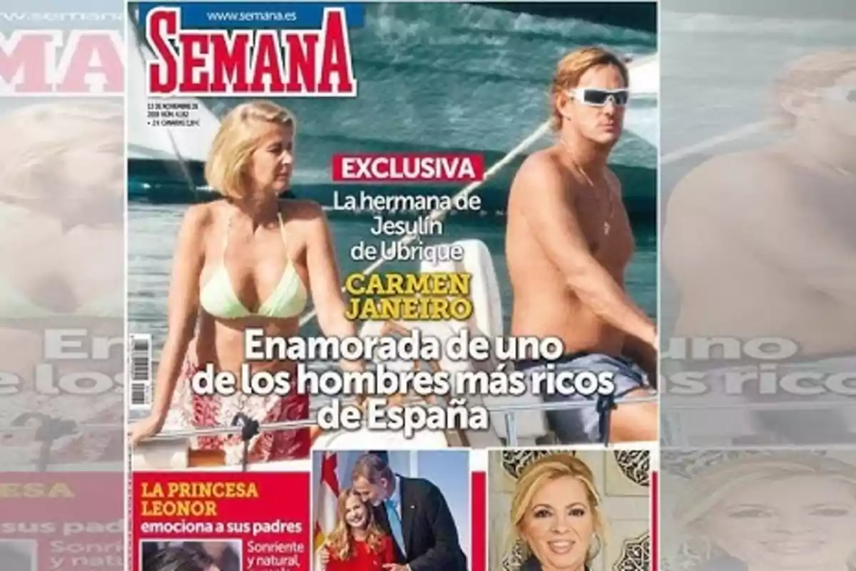 Portada de la revista Semana con una pareja en traje de baño en un barco y titulares sobre Carmen Janeiro y la princesa Leonor Portada de la revista Semana con una pareja en traje de baño en un barco y titulares sobre Carmen Janeiro y la princesa Leonor
