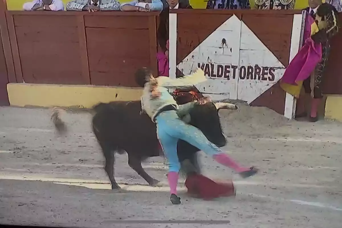 Un torero está siendo embestido por un toro en una plaza mientras varias personas observan desde detrás de la barrera Un torero está siendo embestido por un toro en una plaza mientras varias personas observan desde detrás de la barrera