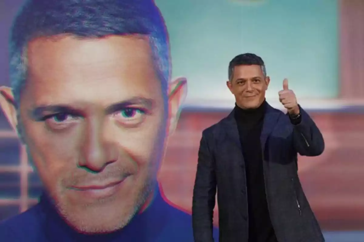 Hombre de cabello corto y canoso sonríe y levanta el pulgar mientras posa frente a una imagen ampliada de su propio rostro
