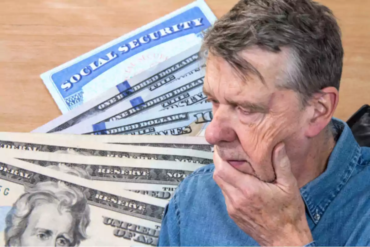 Hombre mayor pensativo con billetes de dólares y una tarjeta de seguro social sobre una mesa Hombre mayor pensativo con billetes de dólares y una tarjeta de seguro social sobre una mesa