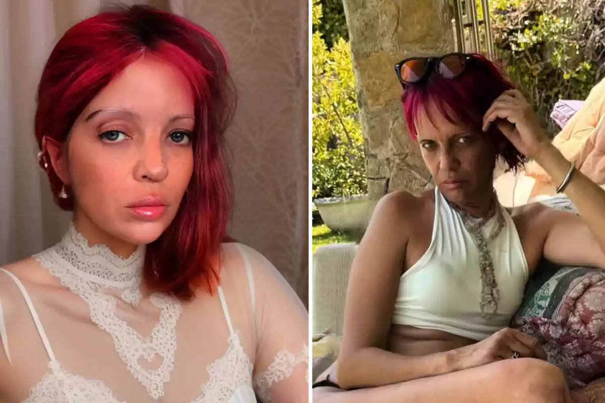 Dos fotos de una mujer con cabello rojo, en la primera lleva una blusa de encaje blanco y en la segunda está sentada al aire libre con gafas de sol sobre la cabeza y una blusa sin mangas blanca
