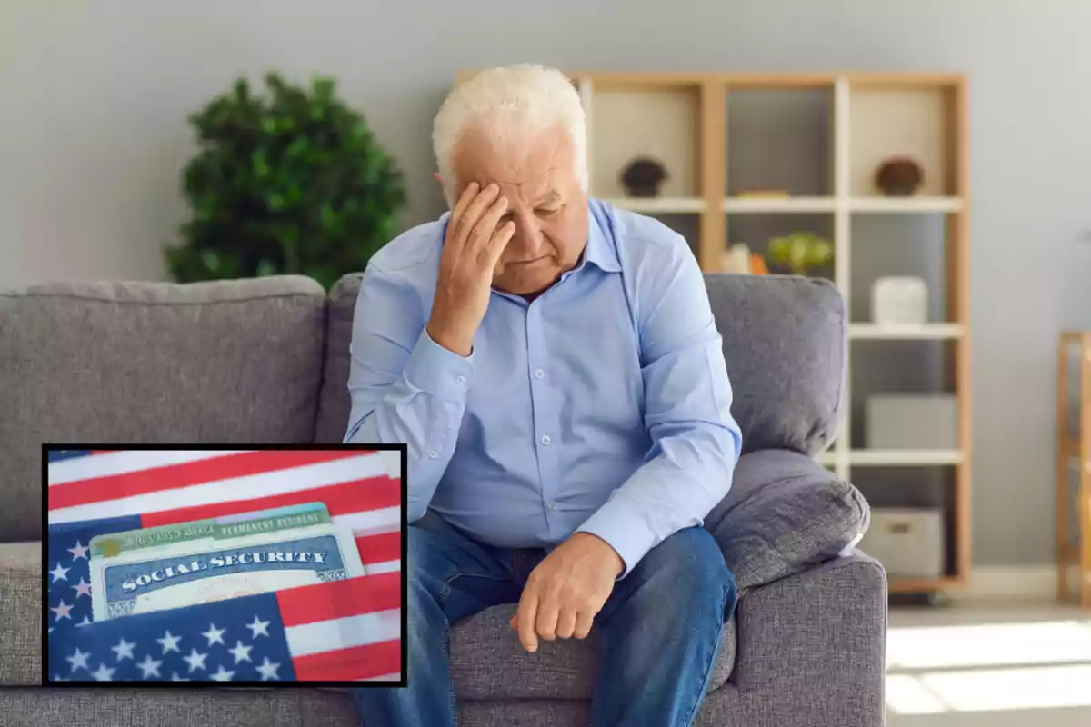 Hombre mayor sentado en un sofá con expresión preocupada y una mano en la frente, con una imagen superpuesta de tarjetas de seguro social y residencia permanente sobre una bandera de Estados Unidos