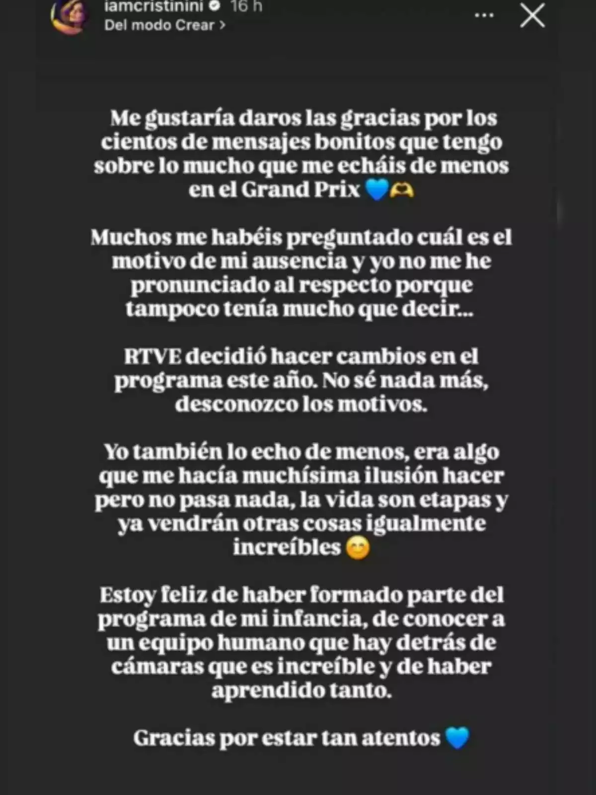 Historia de Instagram de iamcristinini con un mensaje de agradecimiento a sus seguidores por los mensajes recibidos y explicando su ausencia en el programa Grand Prix, mencionando que RTVE decidió hacer cambios y expresando su felicidad por haber formado parte del equipo Historia de Instagram de iamcristinini con un mensaje de agradecimiento a sus seguidores por los mensajes recibidos y explicando su ausencia en el programa Grand Prix, mencionando que RTVE decidió hacer cambios y expresando su felicidad por haber formado parte del equipo