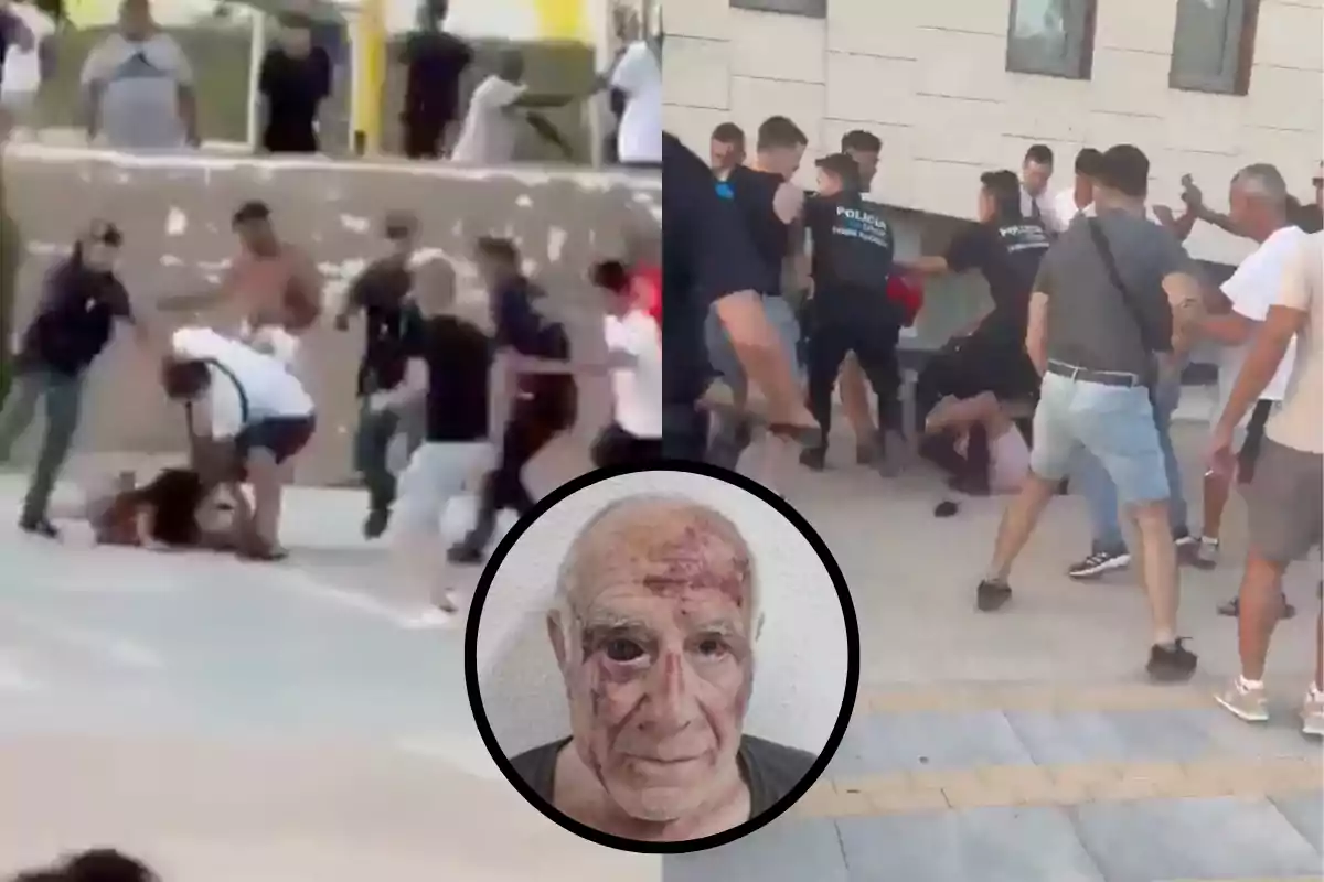 Varias personas participan en una pelea en la calle mientras un hombre mayor aparece con el rostro golpeado en un recuadro en el centro de la imagen.