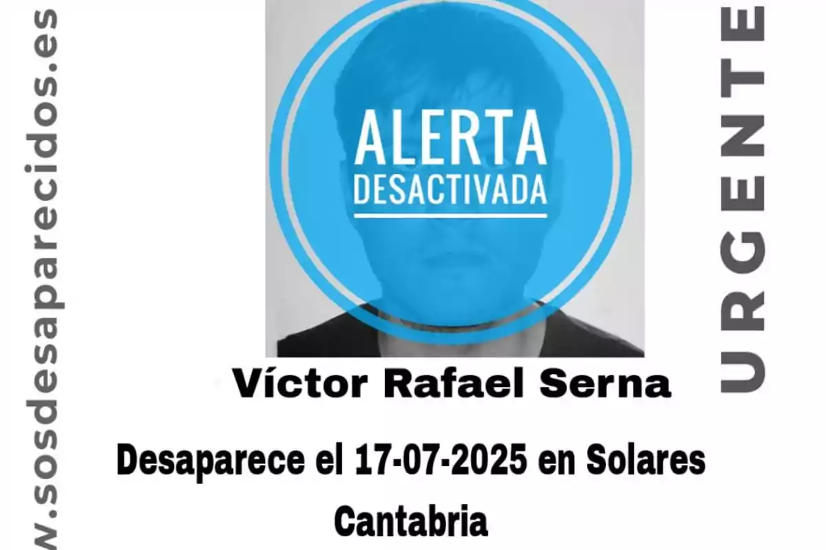 Cartel de persona desaparecida con la alerta desactivada para Víctor Rafael Serna, quien desapareció el 17 de julio de 2025 en Solares, Cantabria